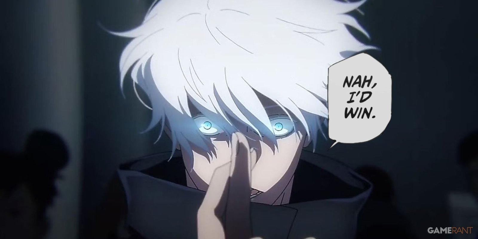 Satoru Gojo performing his 0.2 Domain Expansion during the Shibuya Incident, edited to include the Nah, I'd Win quote meme