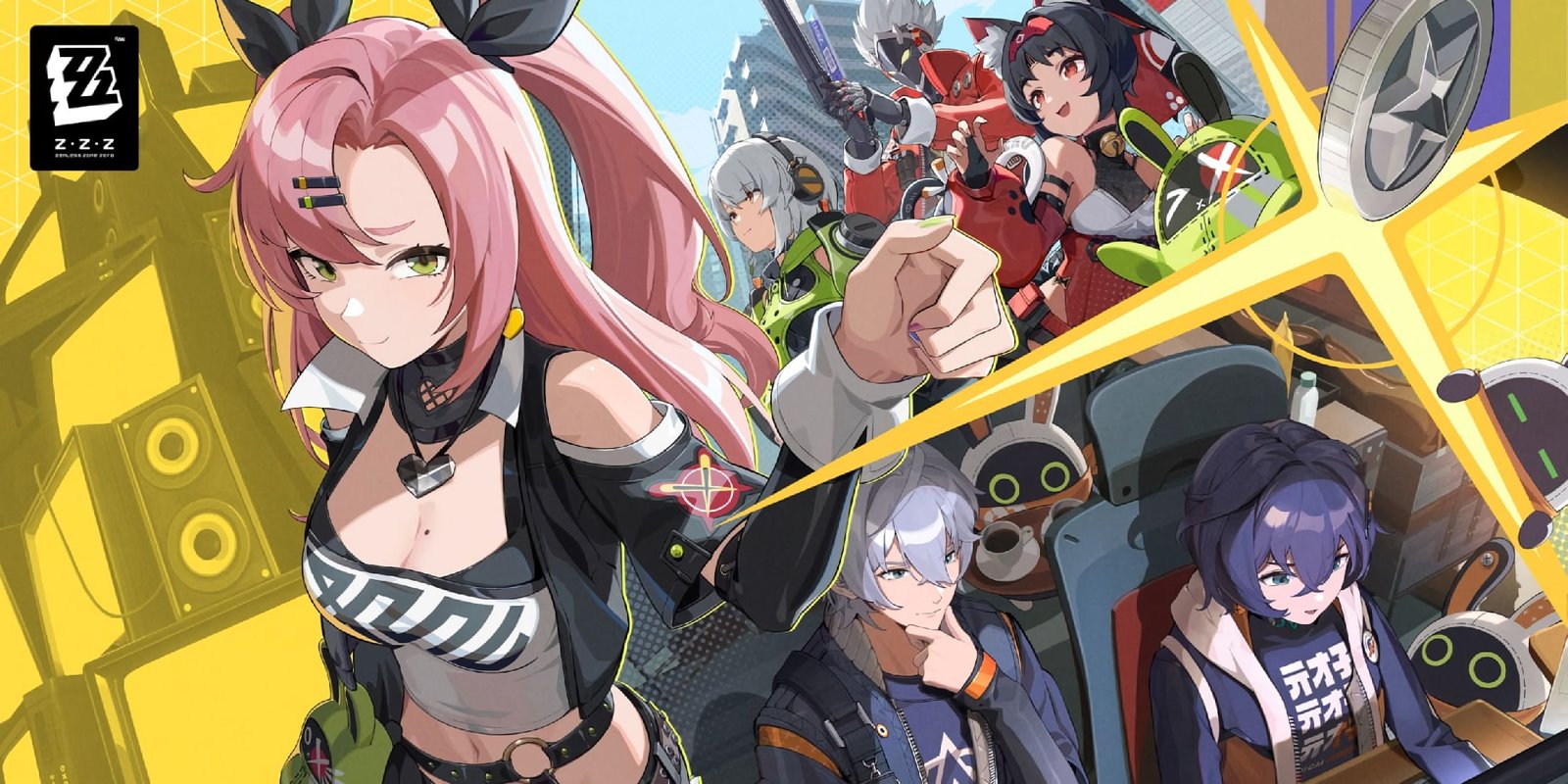 A key visual from Zenless Zone Zero showing the Cunning Hares, Belle, and Wise.