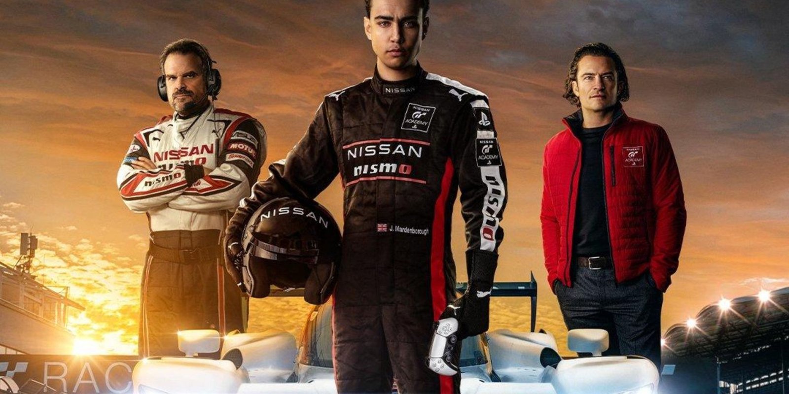 Gran Turismo movie featuring David Harbour, Orlando Bloom and Archie Madekwe