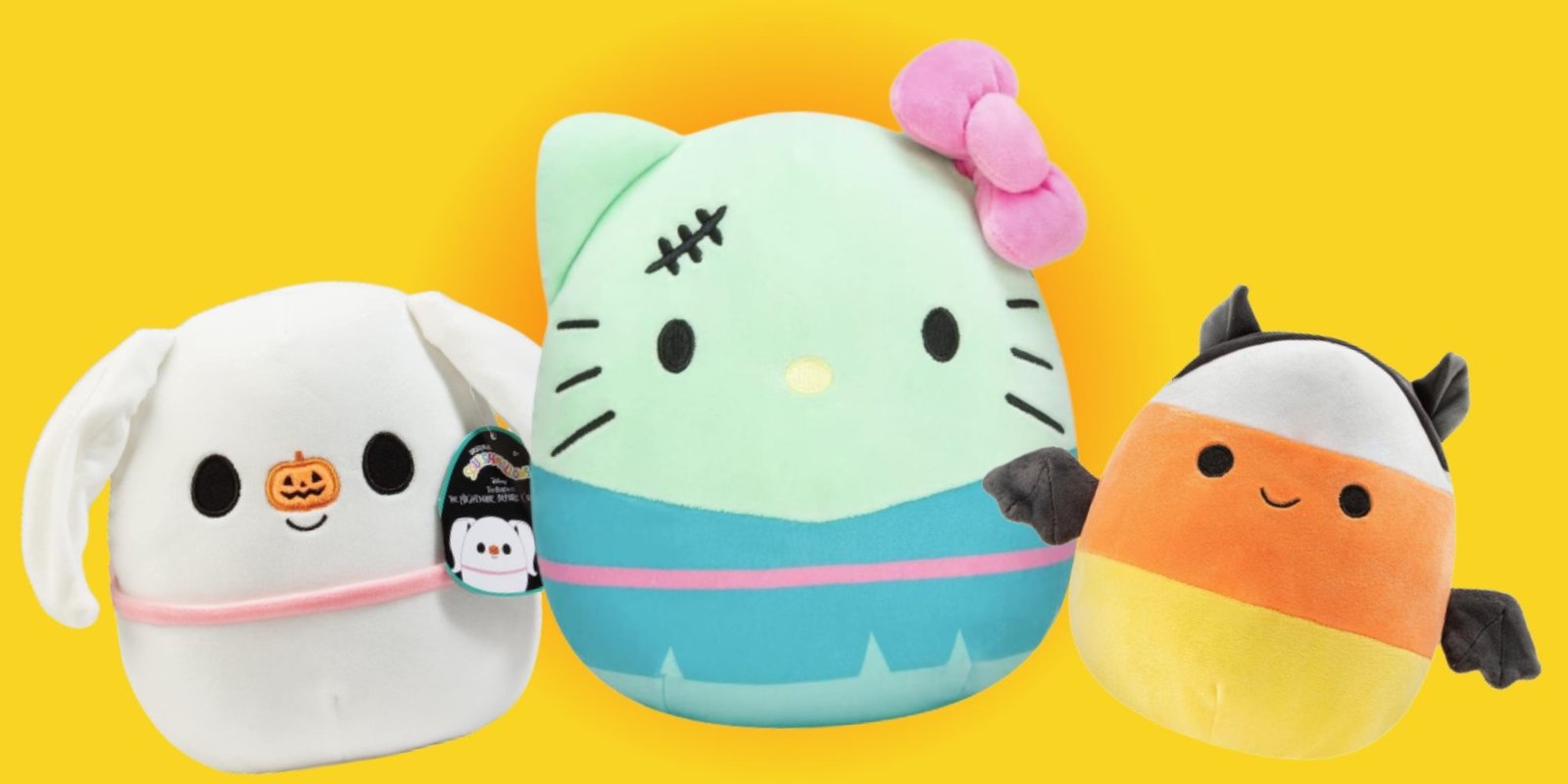 Zero, Franken Kitty, and Delie The Bat Squishmallows on an orange background