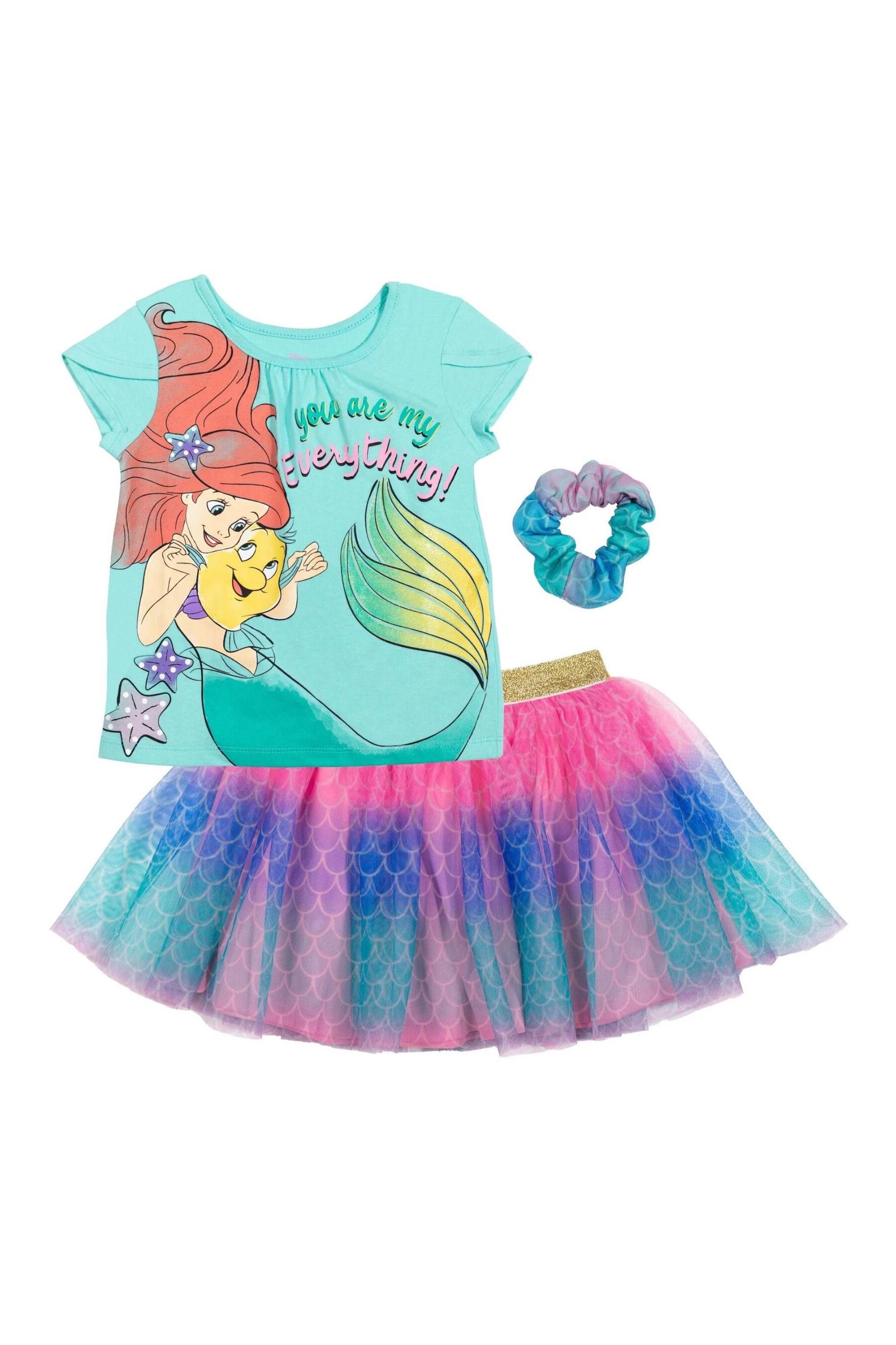 Disney Princess Ariel Young Girls' T-Shirt Tulle Mesh Skirt and Scrunchie 3 Piece Outfit Set