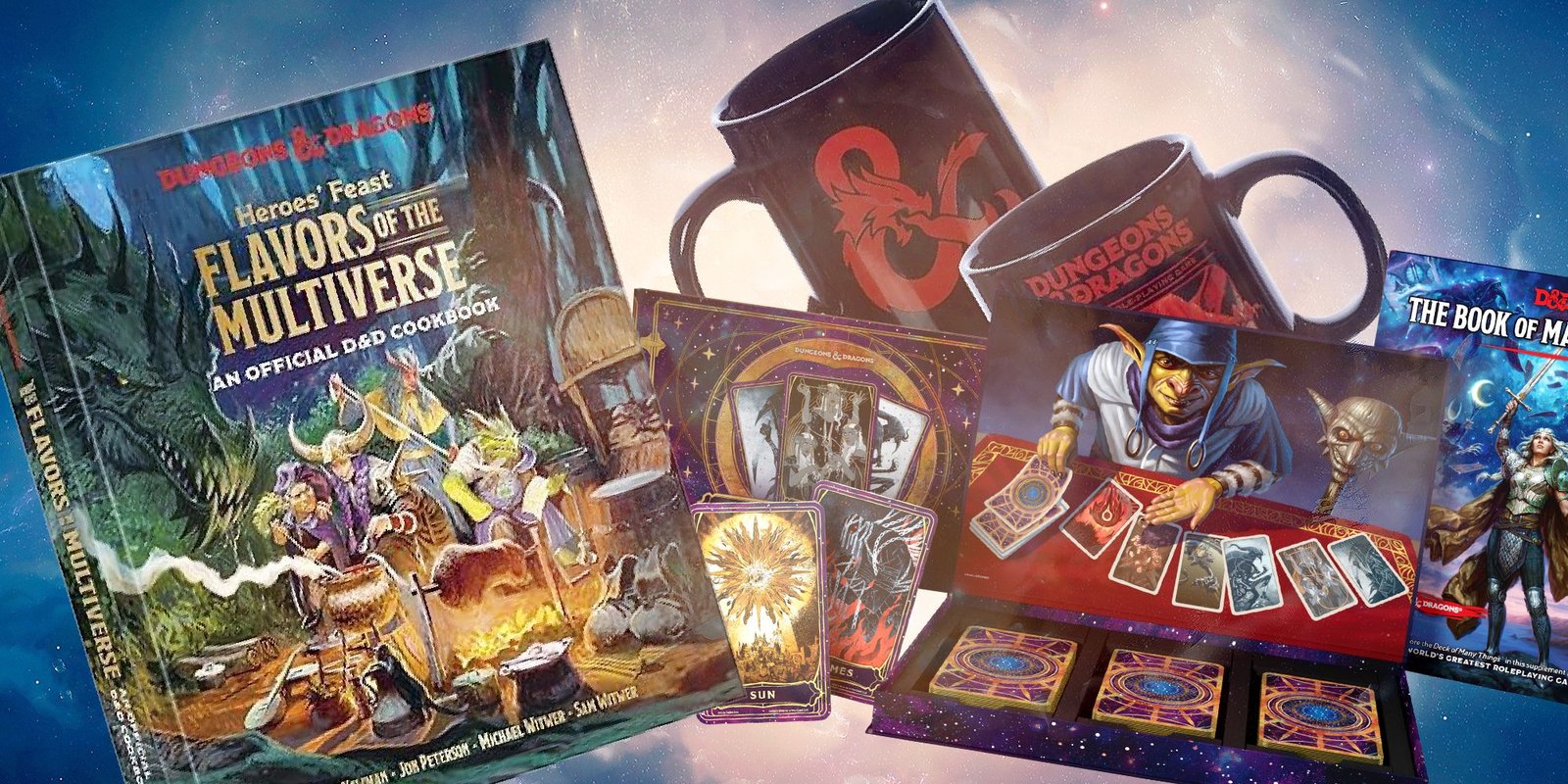 DND gifts with a cookbook, ceramic mug, deck of many things and sourcebook in one image
