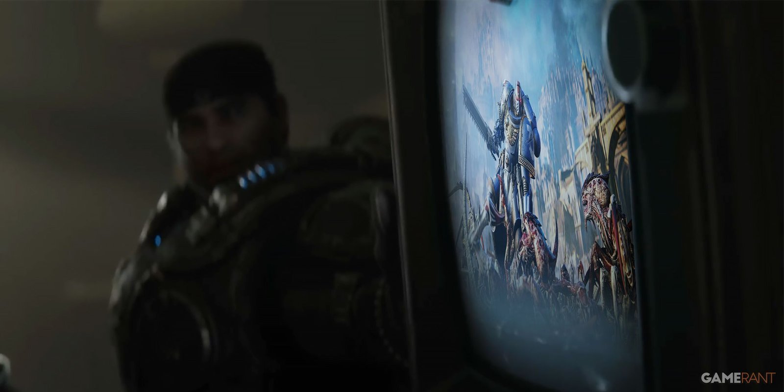 Gears of War E Day Marcus with Warhammer 40,000 Space Marine 2 on the tv