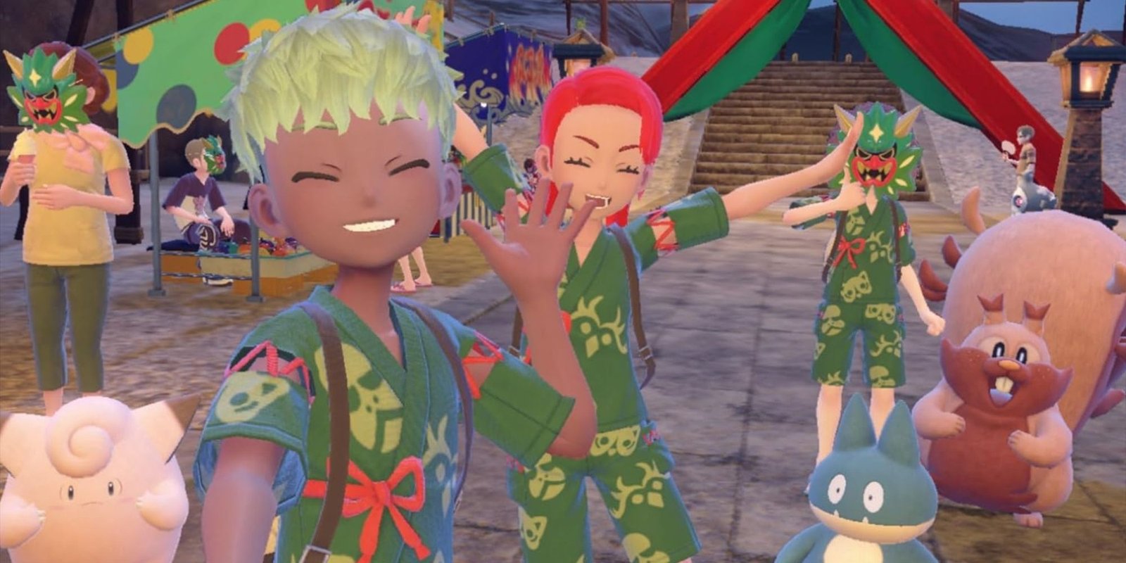 pokemon scarlet and violet characters taking a selfie with pokemon