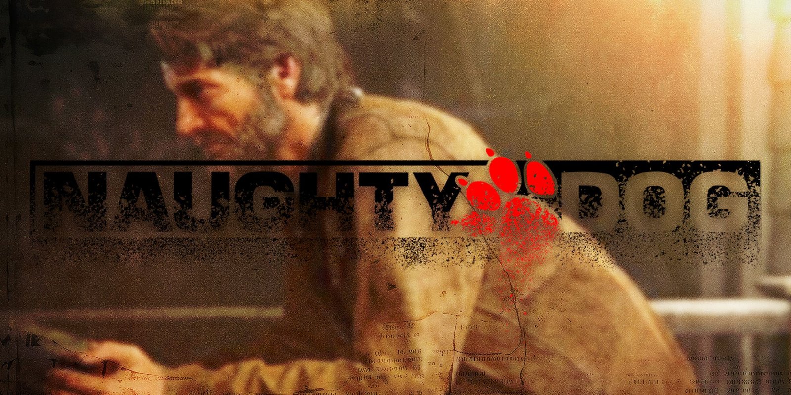Joel from TLOU2 leaning on a balcony with the Naughty Dog logo