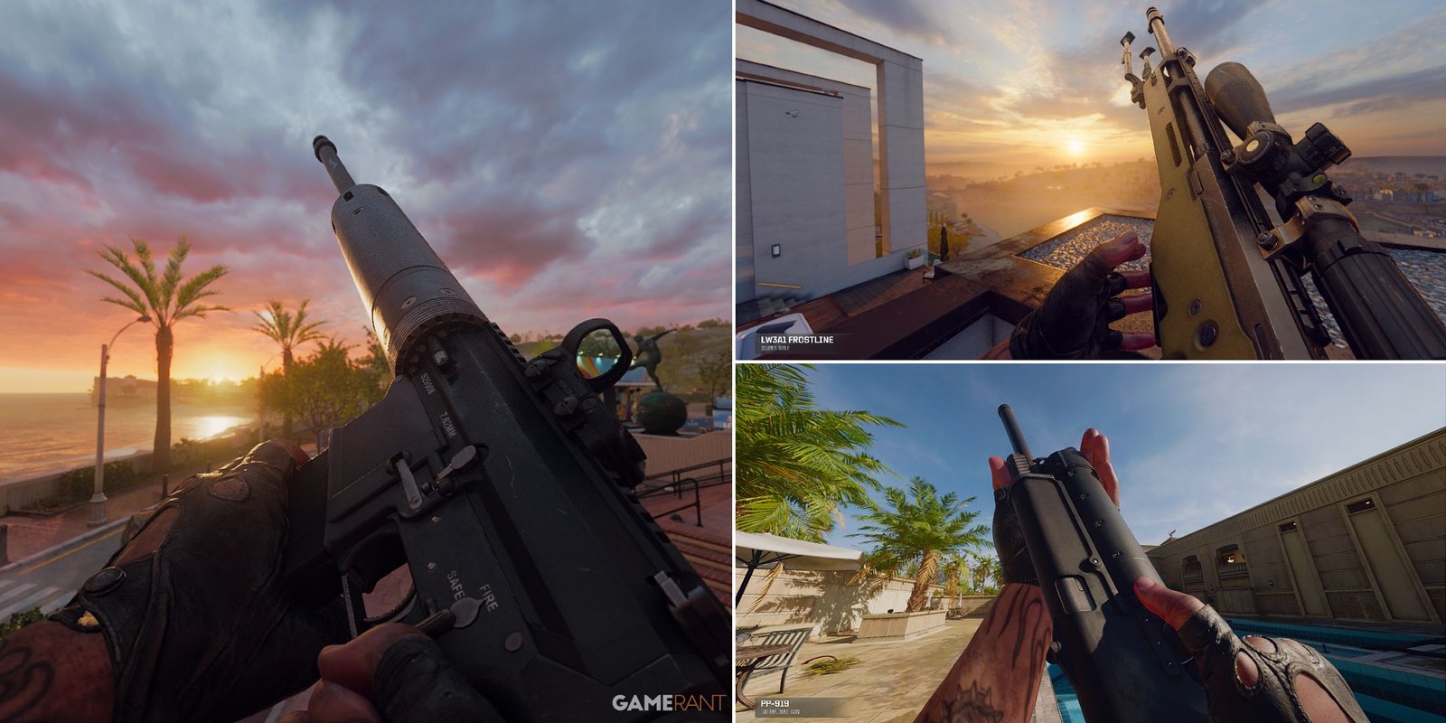 صورة مقسمة تعرض DM-10 وLW3A1 Frostline وPP-919 في Black Ops 6