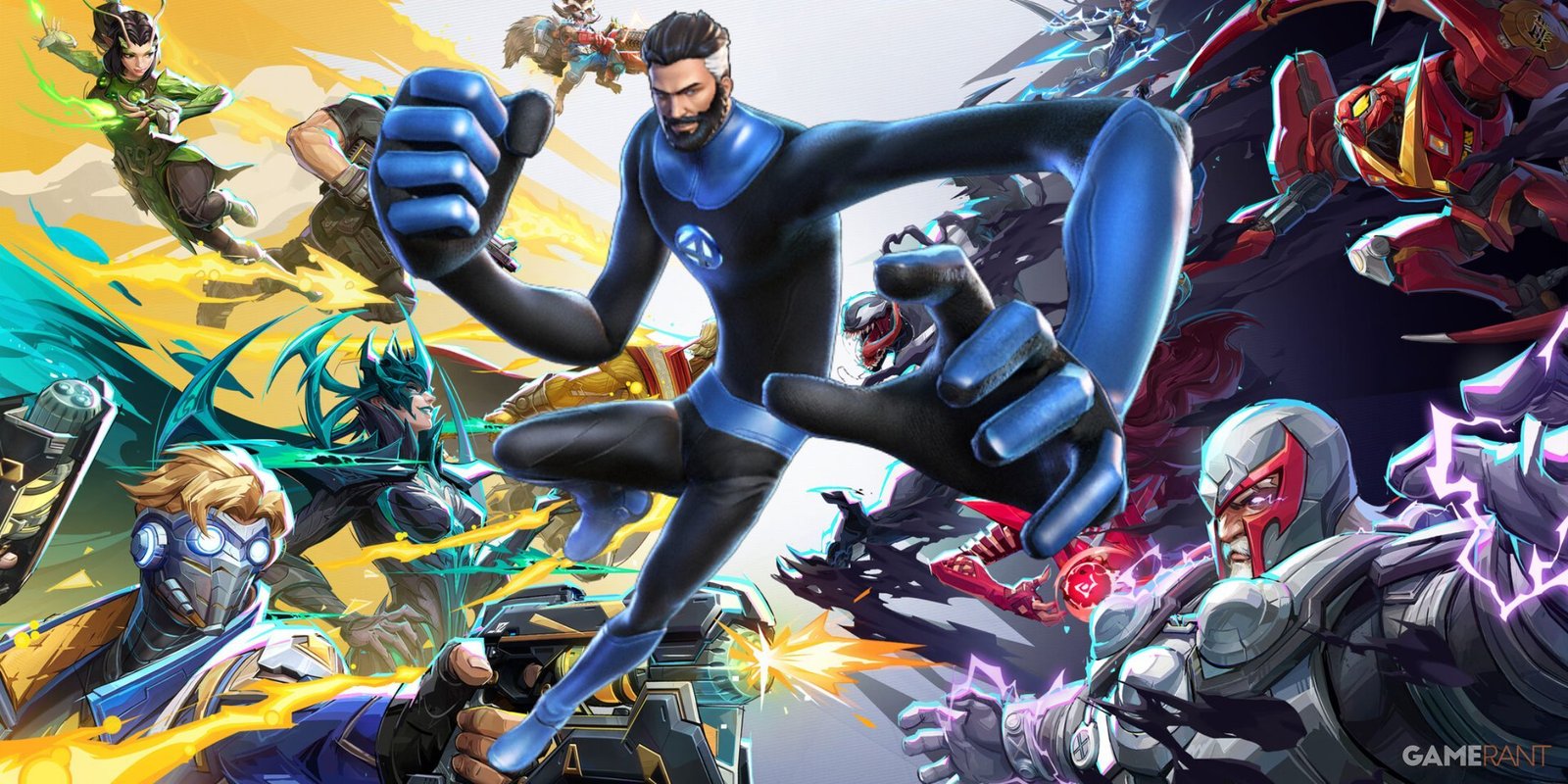 الصورة الرسمية لقائمة إطلاق Marvel Rivals مقسمة بواسطة عرض Mr. Fantastic من Ultimate Alliance 3