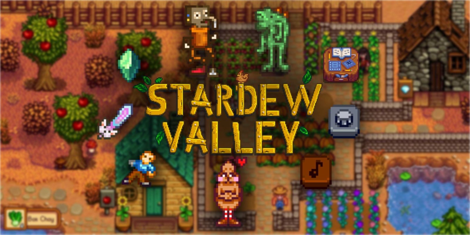 شعار Stardew Valley مع العديد من العناصر النادرة حوله