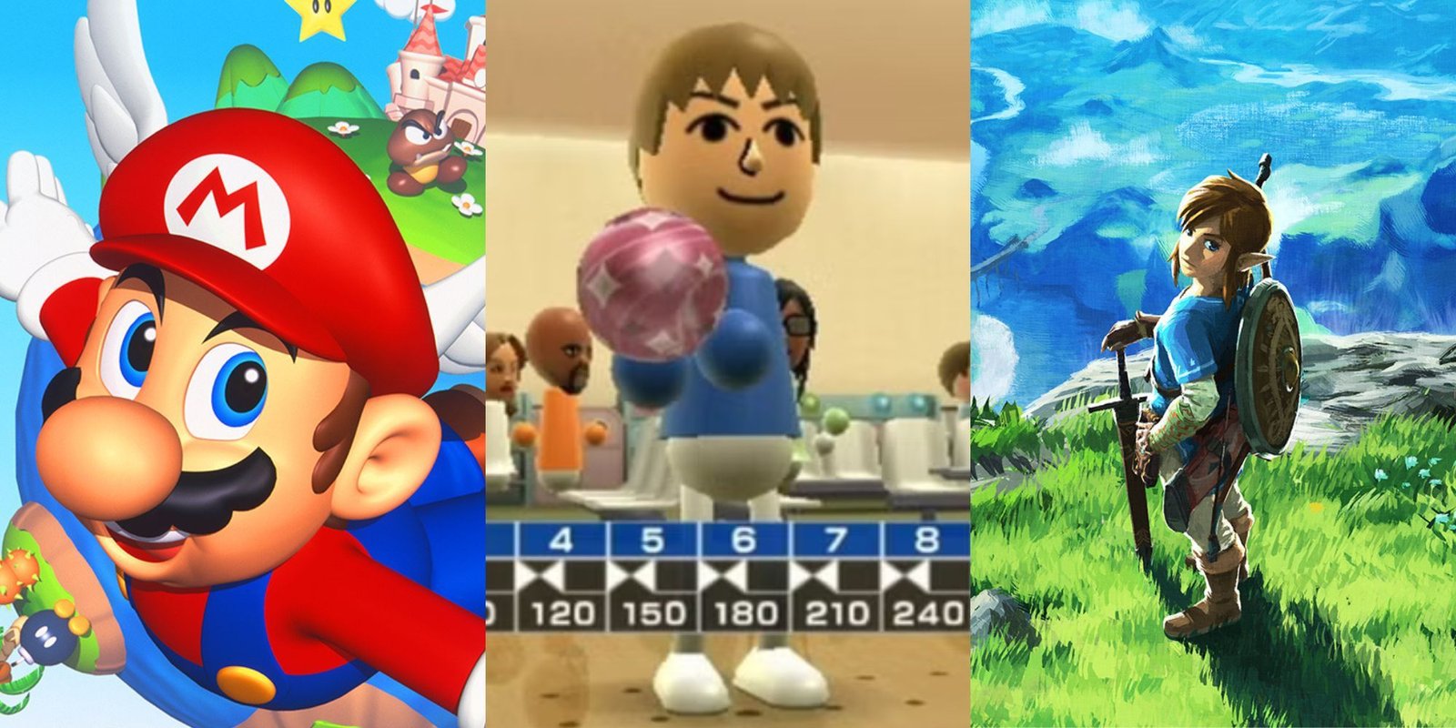 مجموعة من ألقاب إطلاق نينتندو الناجحة: Super Mario 64 ، Wii Sports and Legend of Zelda: Breath of the Wild