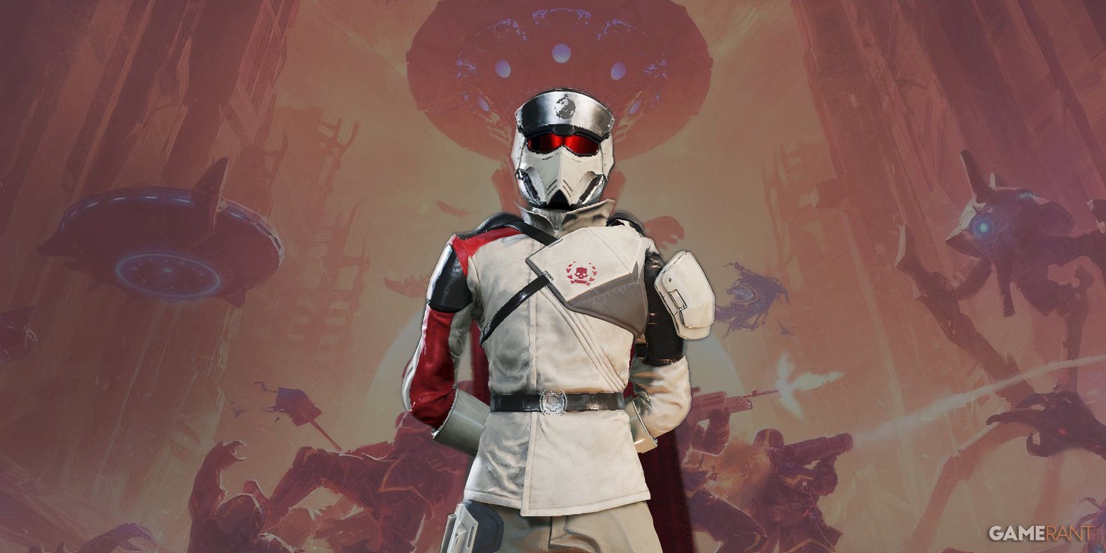 Helldivers 2 Heart of Democracy تحديث خلفية مع Player in Truth Affrcer Warbond Inspector Body Armor Cape and Helmet est emote edit gamerant