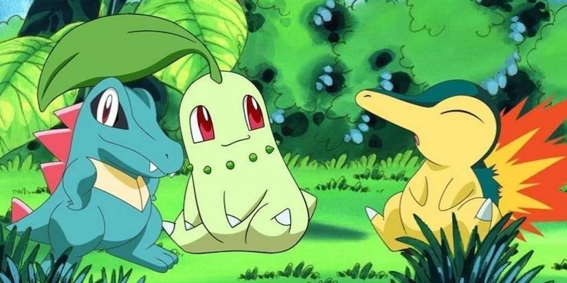 يجلس Johto Pokemon Totodile و Chikorita و Cyndaquil معًا في العشب.